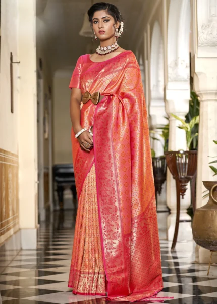 Orange & Pink Banarasi Silk Saree