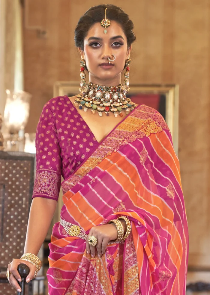 Orange & Pink Georgette Silk Saree