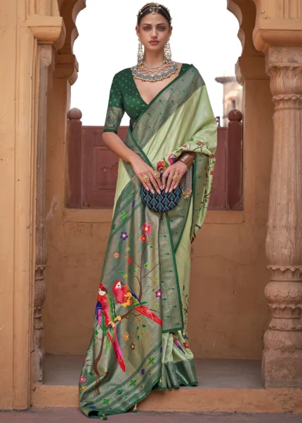 Pastel Green Paithani Silk Saree