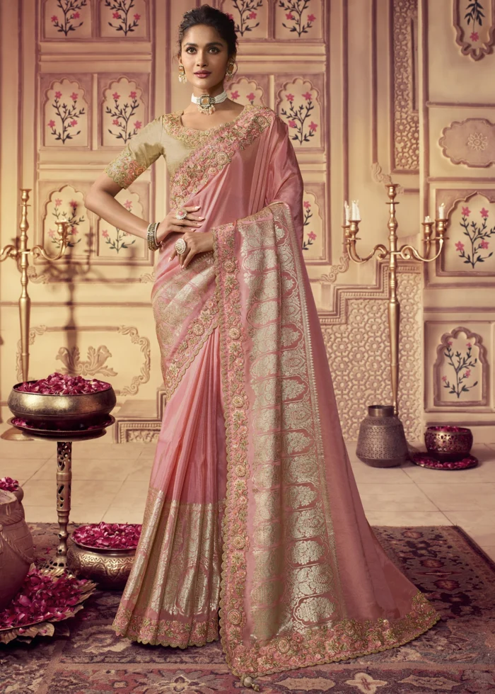 Peachy Pink Banarasi Saree