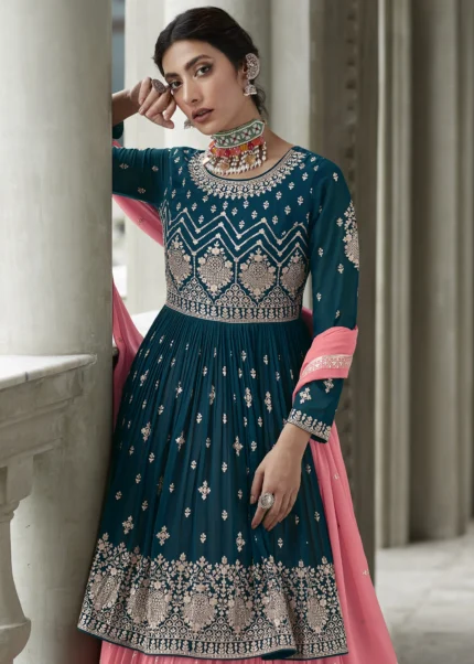 Peacock Blue Anarkali Lehenga Suit