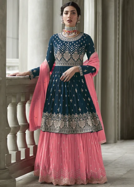 Peacock Blue Embroidered Georgette Anarkali Lehenga Suit Urban Womania