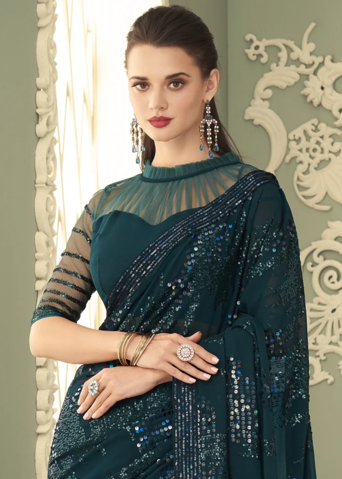 Peacock Blue Georgette Sequins Saree