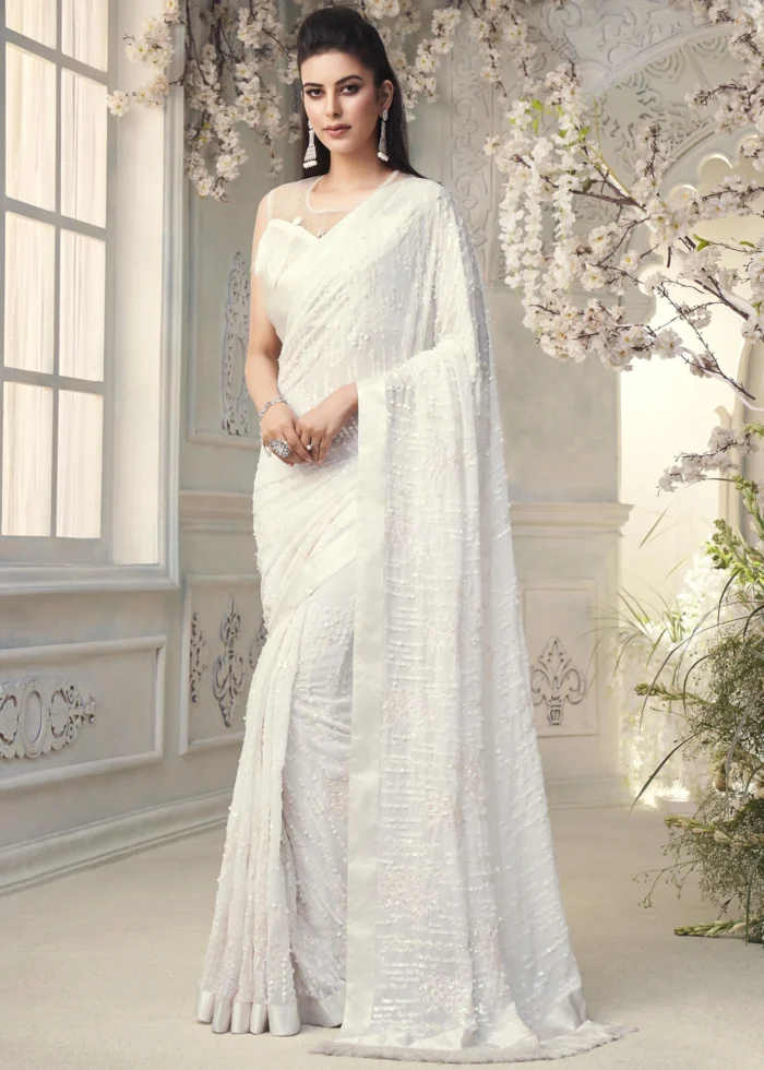 Pearl White Sequins Saree