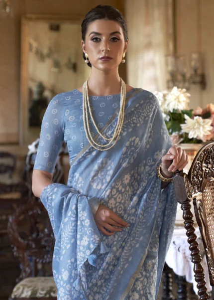 Pigeon Blue Linen Saree