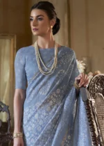 Pigeon Blue Linen Saree