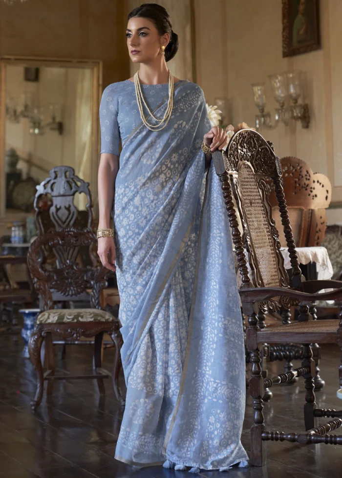 Pigeon Blue Linen Saree