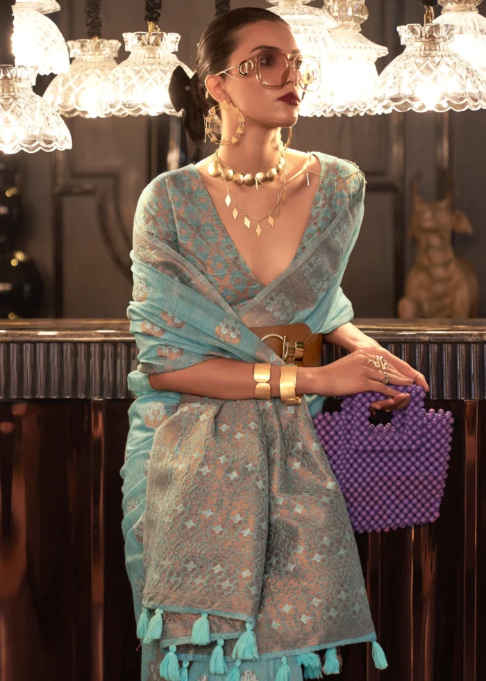 Turquoise Blue Woven Linen Silk Saree