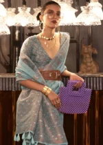 Turquoise Blue Woven Linen Silk Saree