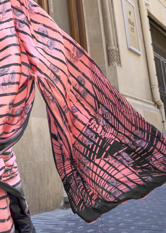 Pink & Black Satin Crepe Saree