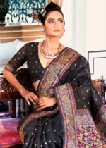 Pure Black Kashmiri Jamawar Pashmina Saree