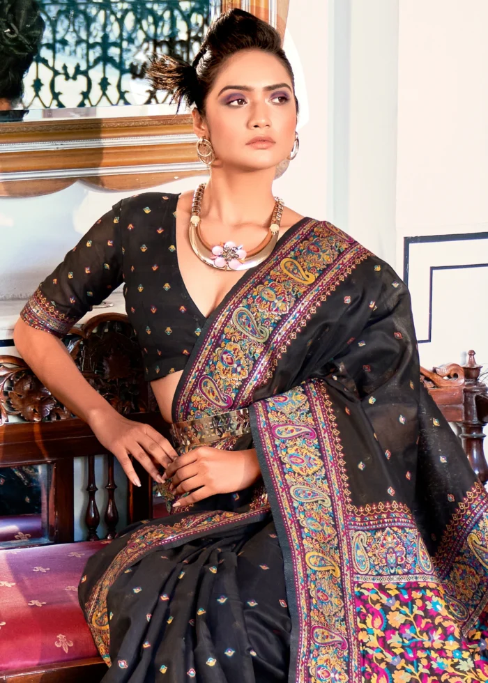 Pure Black Kashmiri Jamawar Pashmina Saree