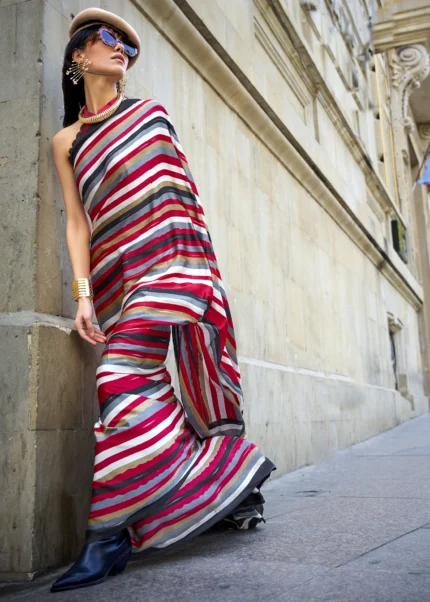 Red & Black Satin Crepe Saree