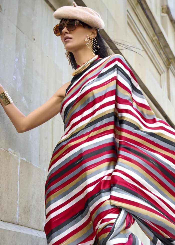 Red & Black Satin Crepe Saree