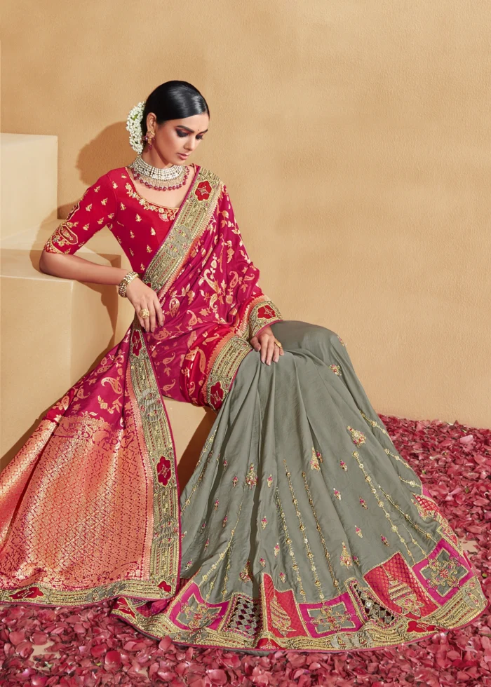 Red & Gray Banarasi Saree