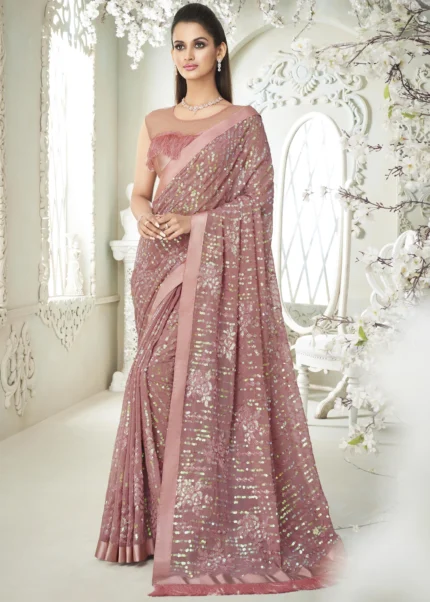 Rose Pink Sequins Saree