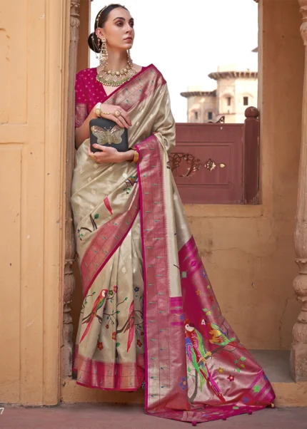 Safari Beige Paithani Silk Saree