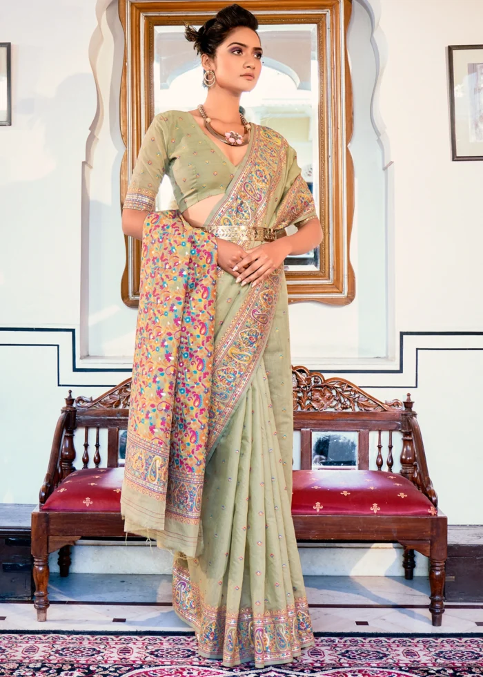 Sage Green Kashmiri Jamawar Pashmina Saree