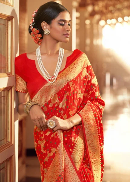 Scarlet Red Chiffon Banarasi Saree