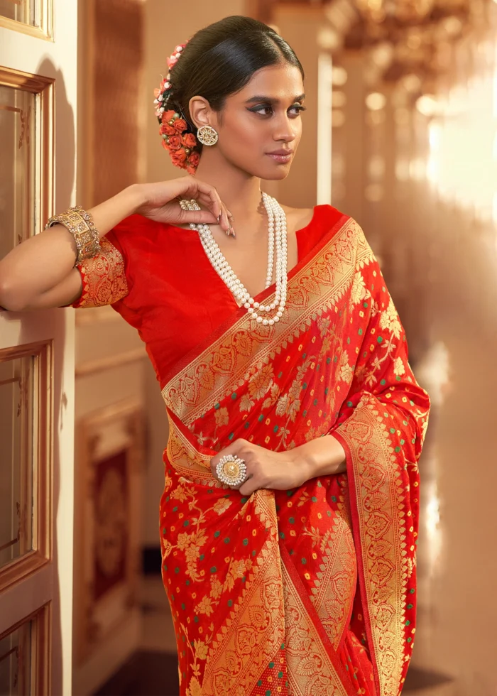 Scarlet Red Chiffon Banarasi Saree