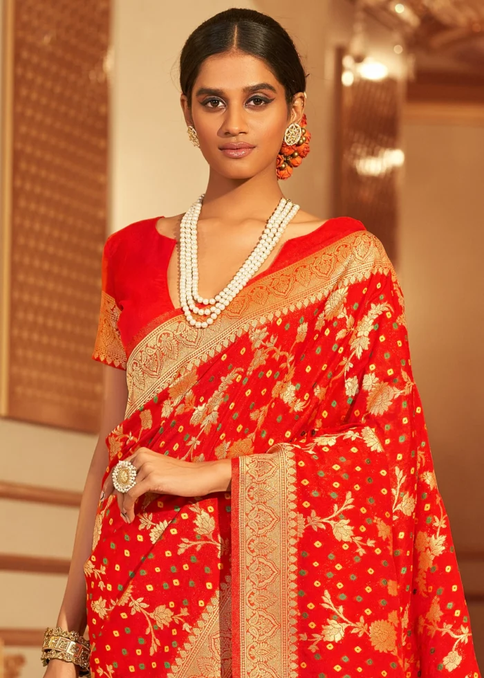 Scarlet Red Chiffon Banarasi Saree