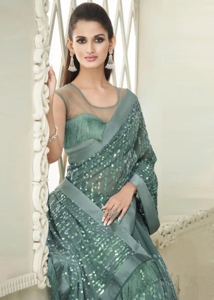 Sea Green Sequins Saree