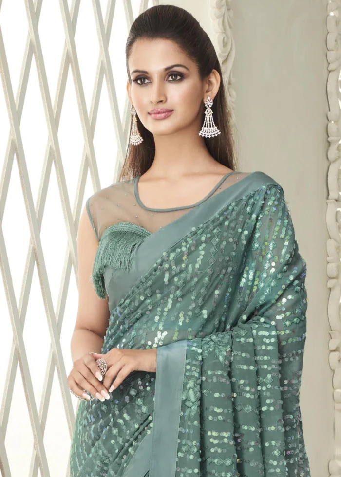 Sea Green Sequins Saree