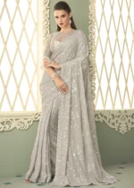 Silver Gray Georgette Sequins Saree