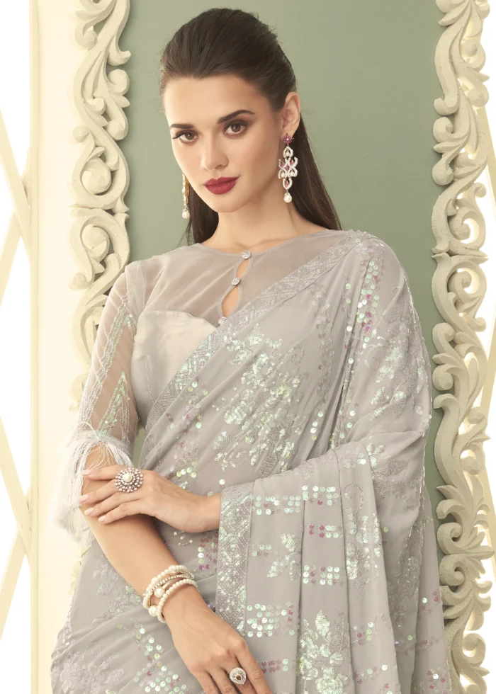 Silver Gray Georgette Sequins Saree