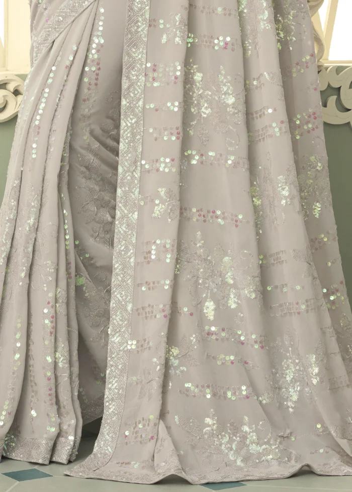 Silver Gray Georgette Sequins Saree