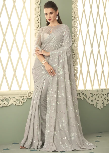 Silver Gray Georgette Sequins Saree