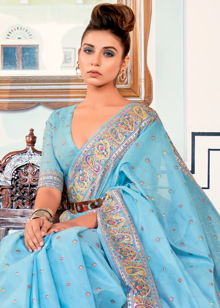 Sky Blue Kashmiri Jamawar Pashmina Saree