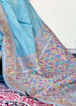 Sky Blue Kashmiri Jamawar Pashmina Saree