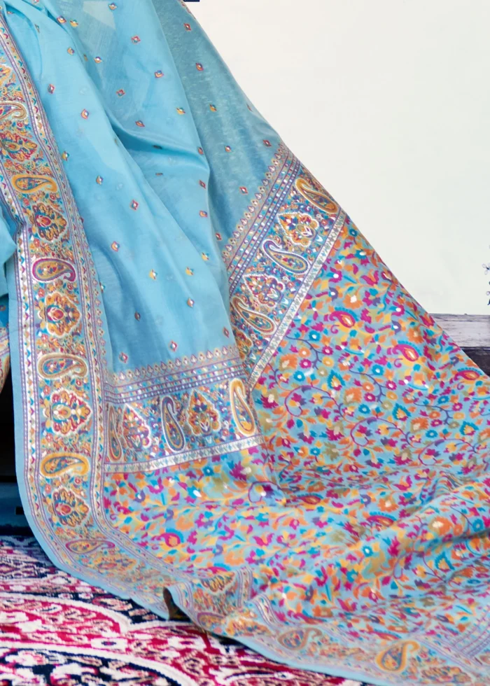 Sky Blue Kashmiri Jamawar Pashmina Saree