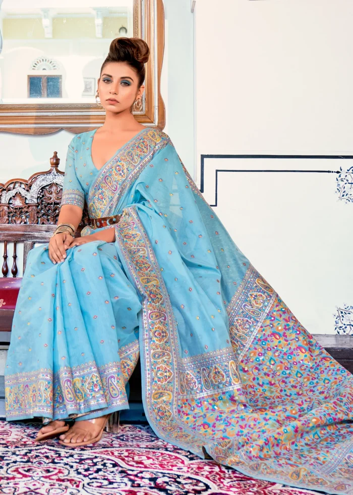 Sky Blue Kashmiri Jamawar Pashmina Saree