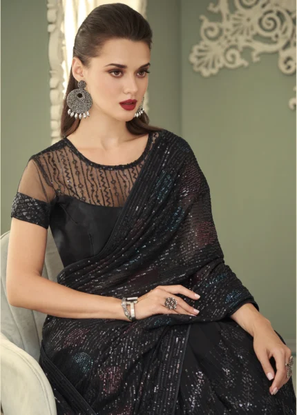 Sparkling Black Georgette Sequins Saree