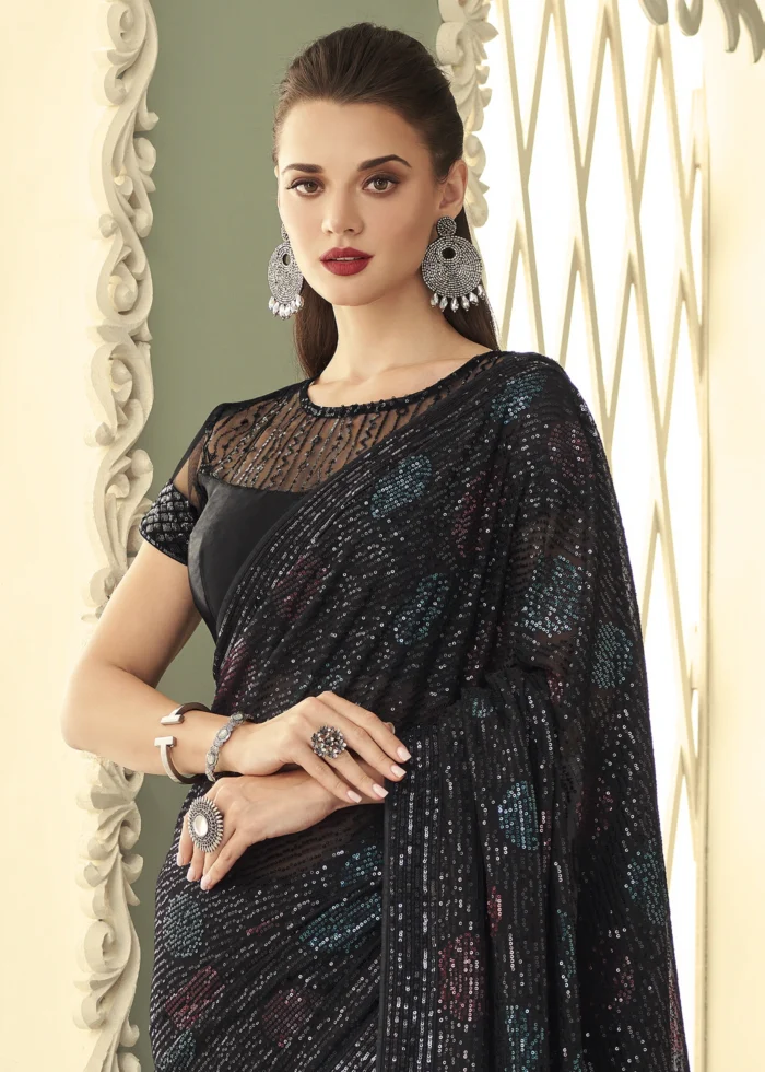 Sparkling Black Georgette Sequins Saree