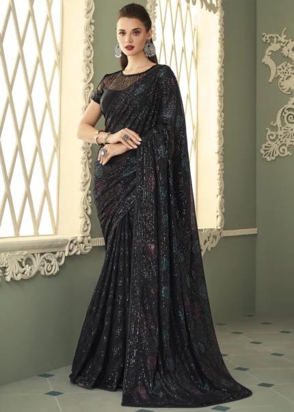 Sparkling Black Georgette Sequins Saree