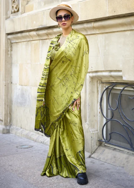 Spring Green Satin Crepe Saree