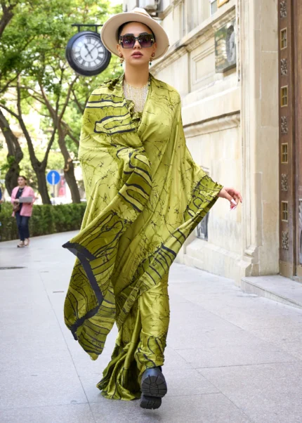 Spring Green Satin Crepe Saree