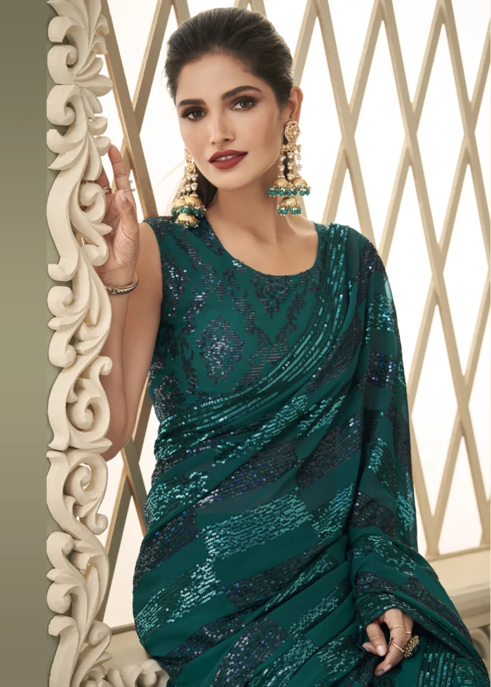 Teal Green Georgette Sequins Saree