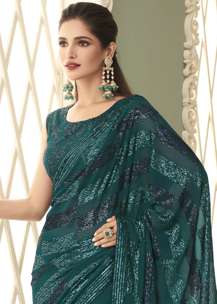 Teal Green Georgette Sequins Saree