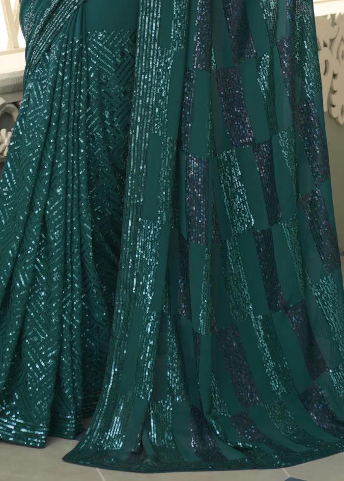 Teal Green Georgette Sequins Saree