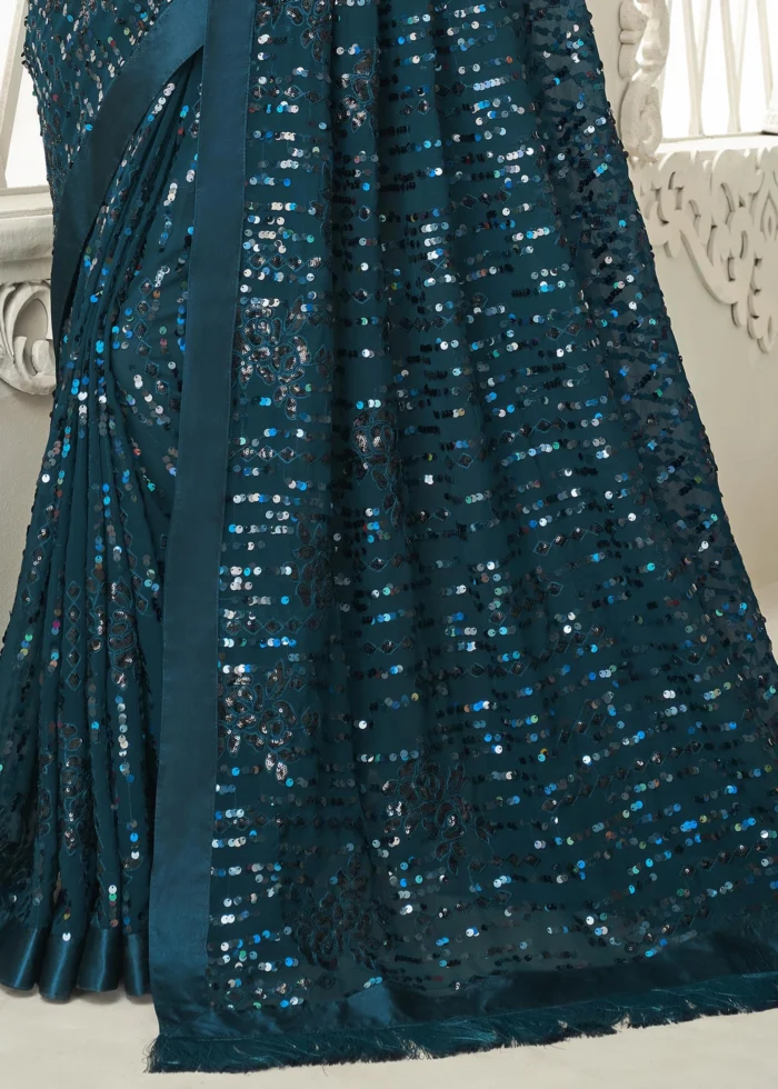 Teal Green Sequins Saree