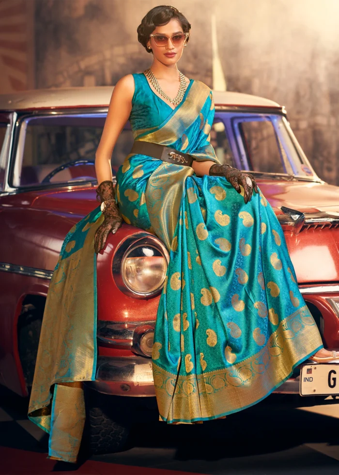 Turquoise Blue Banarasi Silk Saree