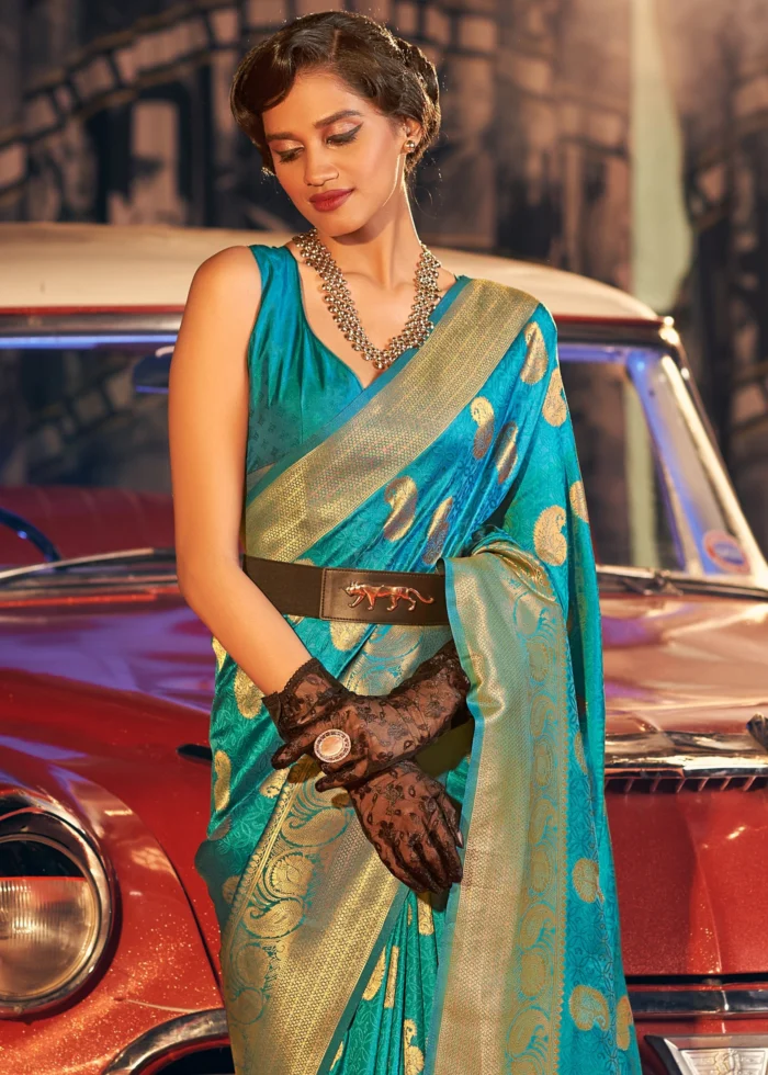 Turquoise Blue Banarasi Silk Saree