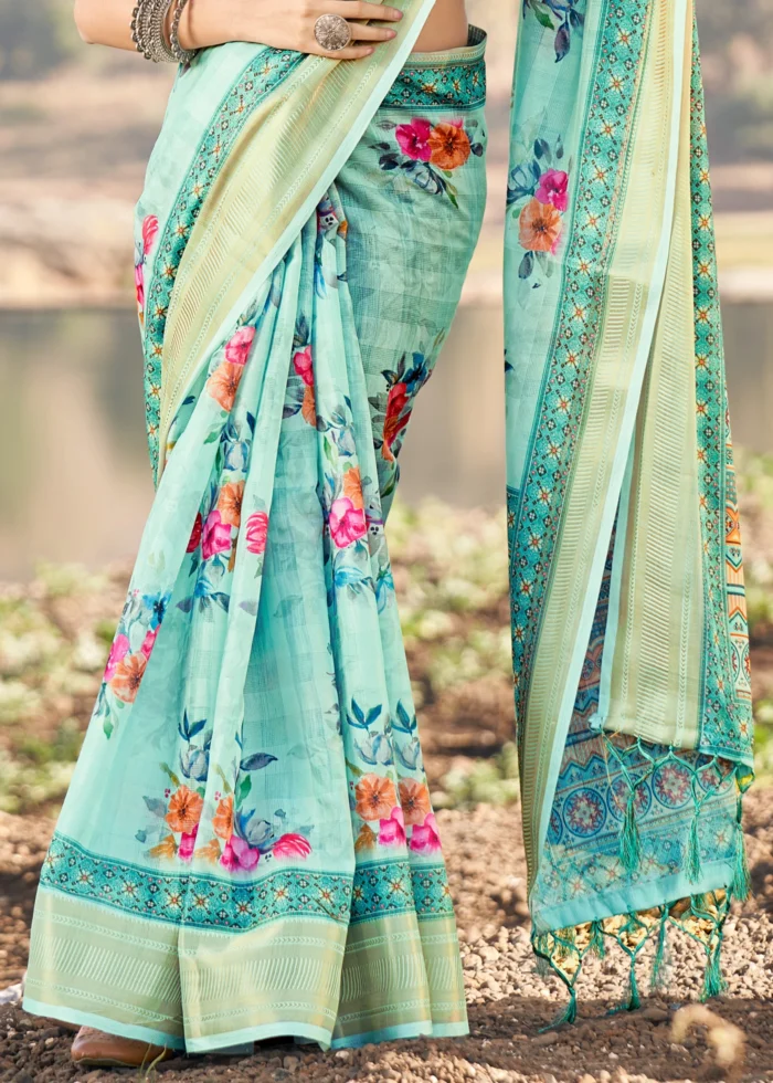 Turquoise Blue Cotton Saree