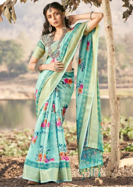 Turquoise Blue Cotton Saree