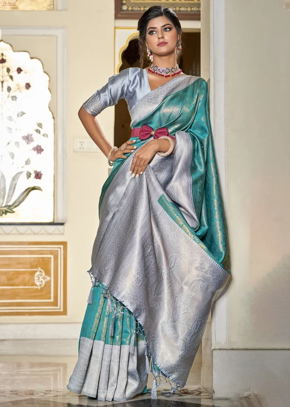 Turquoise & Gray Banarasi Silk Saree