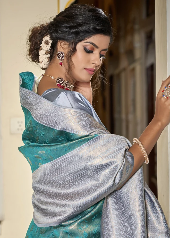 Turquoise & Gray Banarasi Silk Saree